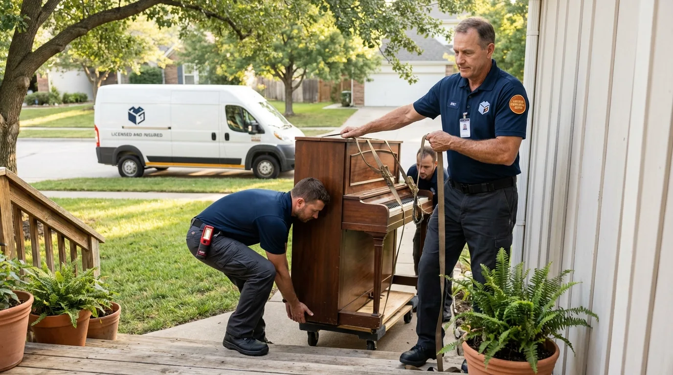 Licensed piano movers securing grand piano in Princeton, MN