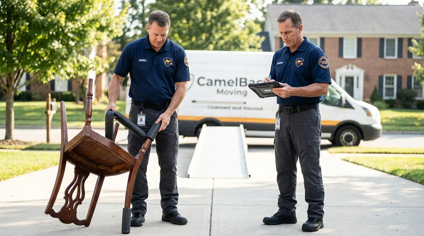 Movers inspecting furniture for damage prevention before loading in Princeton, MN